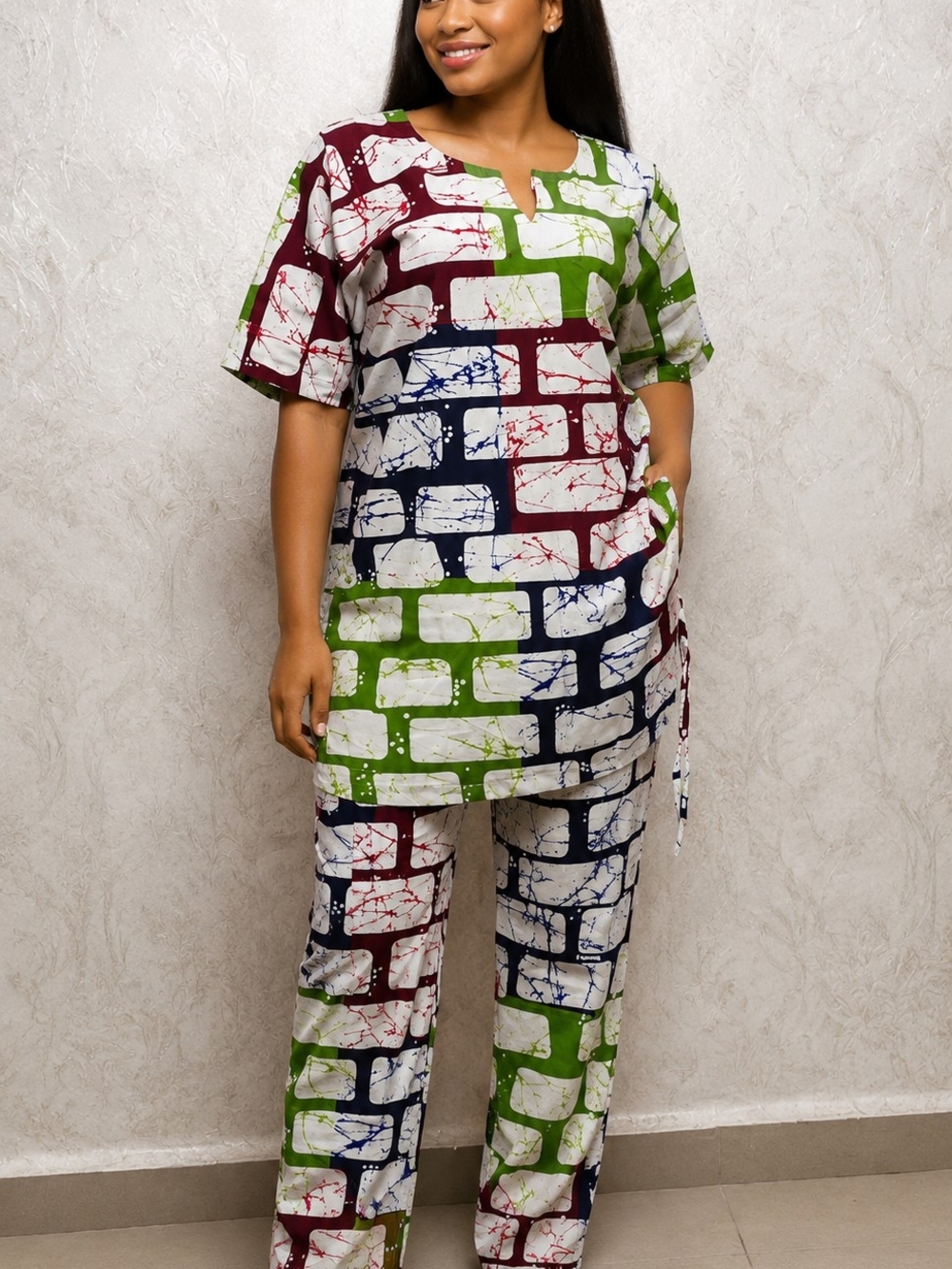 Colorful Brick-Print Two-Piece Set - Green, Navy, Burgundy